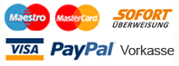 Visa Card, Mastercard, Maestro, Paypal, Sofortüberweisung.de, Vorkasse